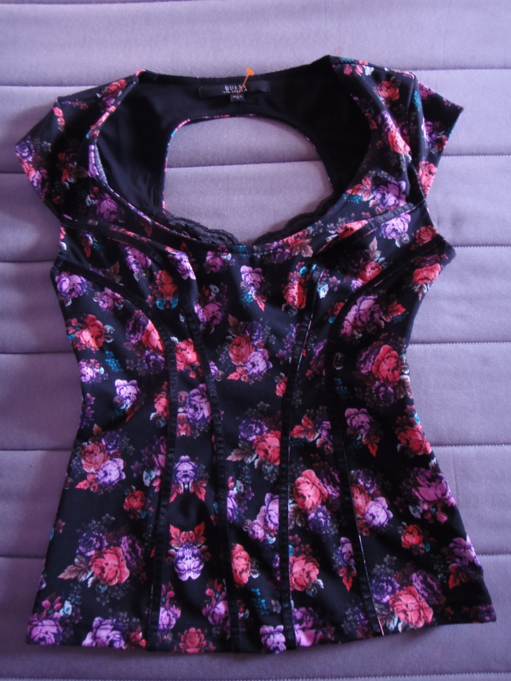 Guess Black Floral Bustier Camisole with Pink & Purple Roses